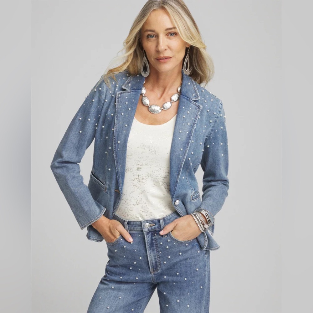 Chico’s Pearl & Rhinestone Peplum Denim Blazer